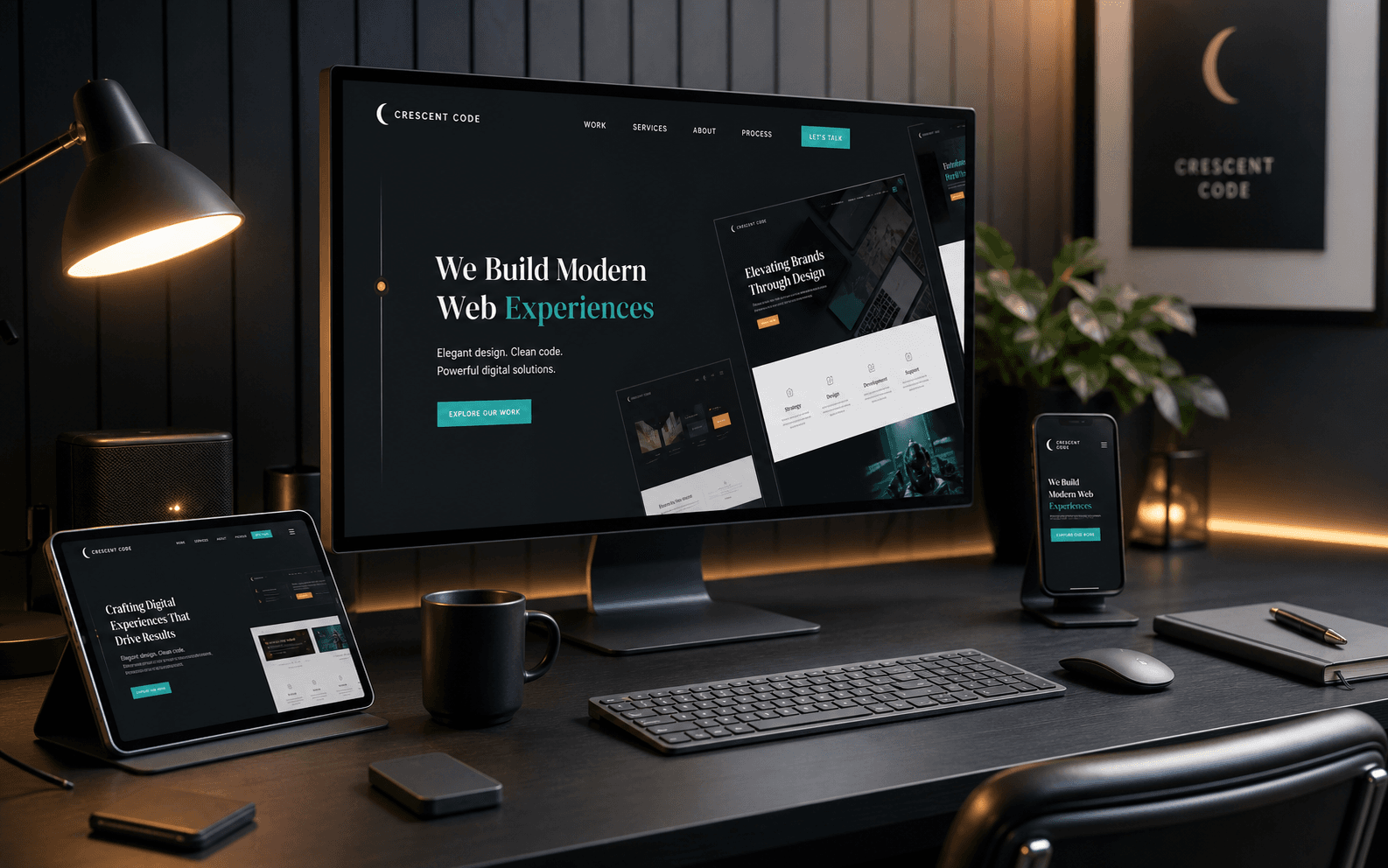 Premium web design workspace with responsive website mockups